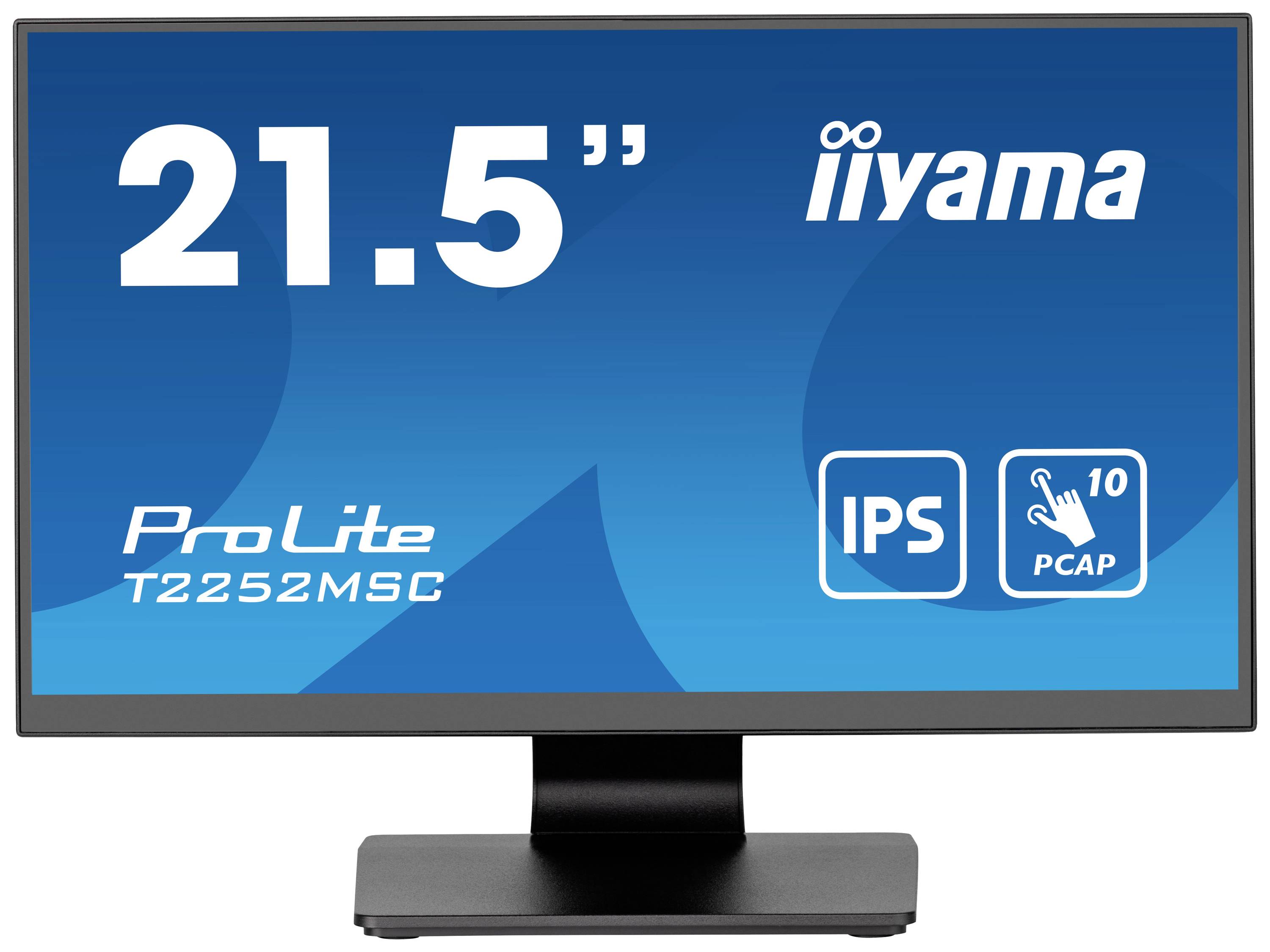 Ein Monitor mit 21,5 Zoll Bildschirmdiagonale. Markenname 'iiyama', Modell 'ProLite T2252MSC'. Unterstützt IPS und PCAP 10 Punkt Touch.