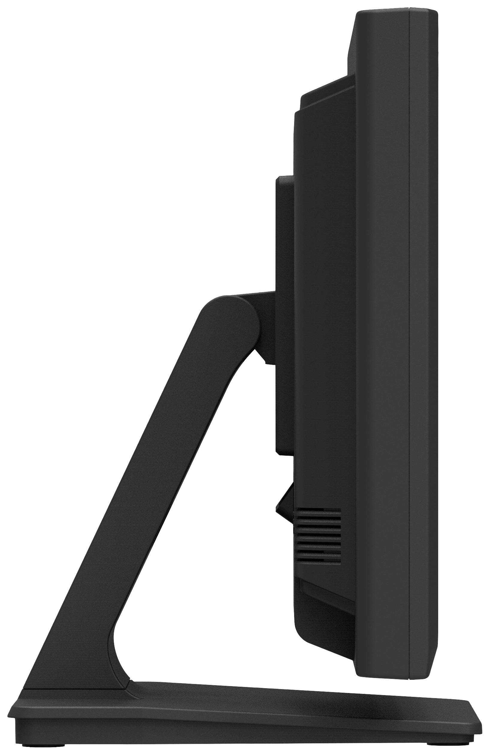 Ein Monitor in Seitenansicht auf einem Standfuß, zeigt die schmale Bauweise und den verstellbaren Neigungswinkel des Bildschirms.