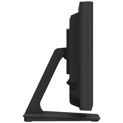 Ein Monitor in Seitenansicht auf einem Standfuß, zeigt die schmale Bauweise und den verstellbaren Neigungswinkel des Bildschirms.