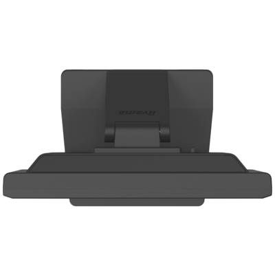 Ein schwarzer Computermonitor von hinten, mit einem robusten Standfuß. Der Markenname ist oben mittig platziert.