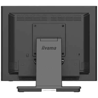 Ein schwarzer Computerbildschirm von hinten mit einem stabilen Standfuß. Das Logo 'iiyama' ist auf der Rückseite sichtbar.