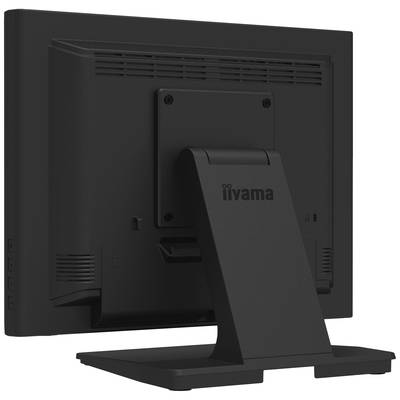 Ein schwarzer Computermonitor von hinten mit dem Markenlogo 'iiyama' auf dem Ständer.