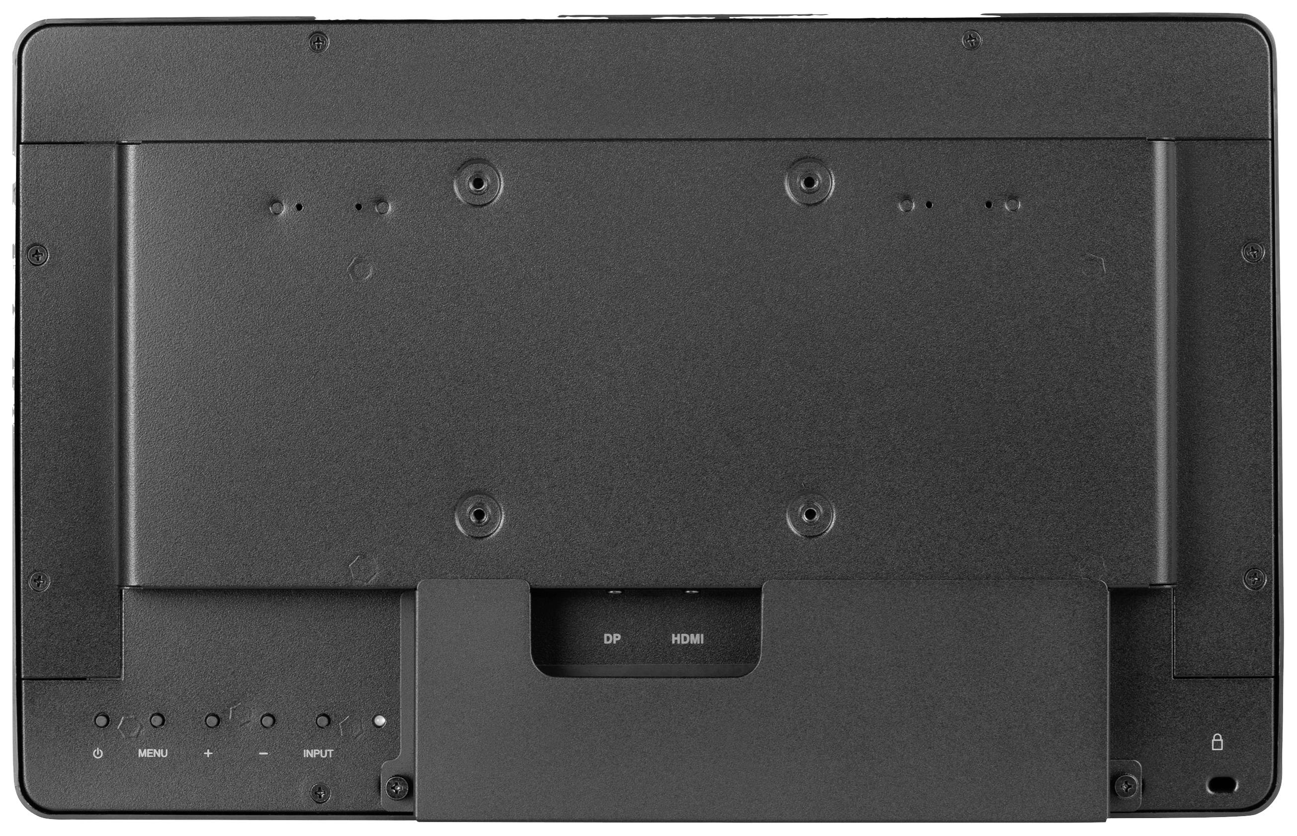 Rückseite eines Monitors mit Anschlüssen und Tasten. Sichtbar sind die Anschlüsse für DisplayPort und HDMI, sowie Bedienknöpfe.