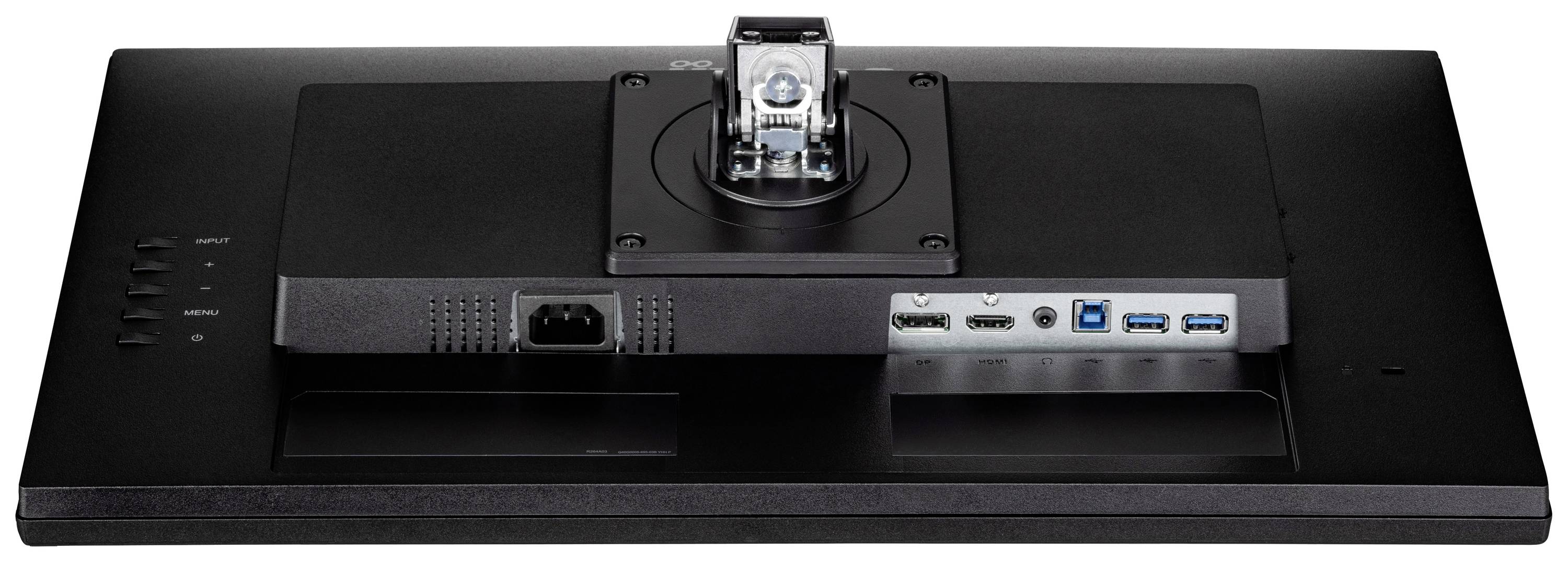 Rückseite eines Computerbildschirms mit mehreren Anschlüssen, einschließlich HDMI und USB, sowie einem zentralen Halterungsmechanismus.