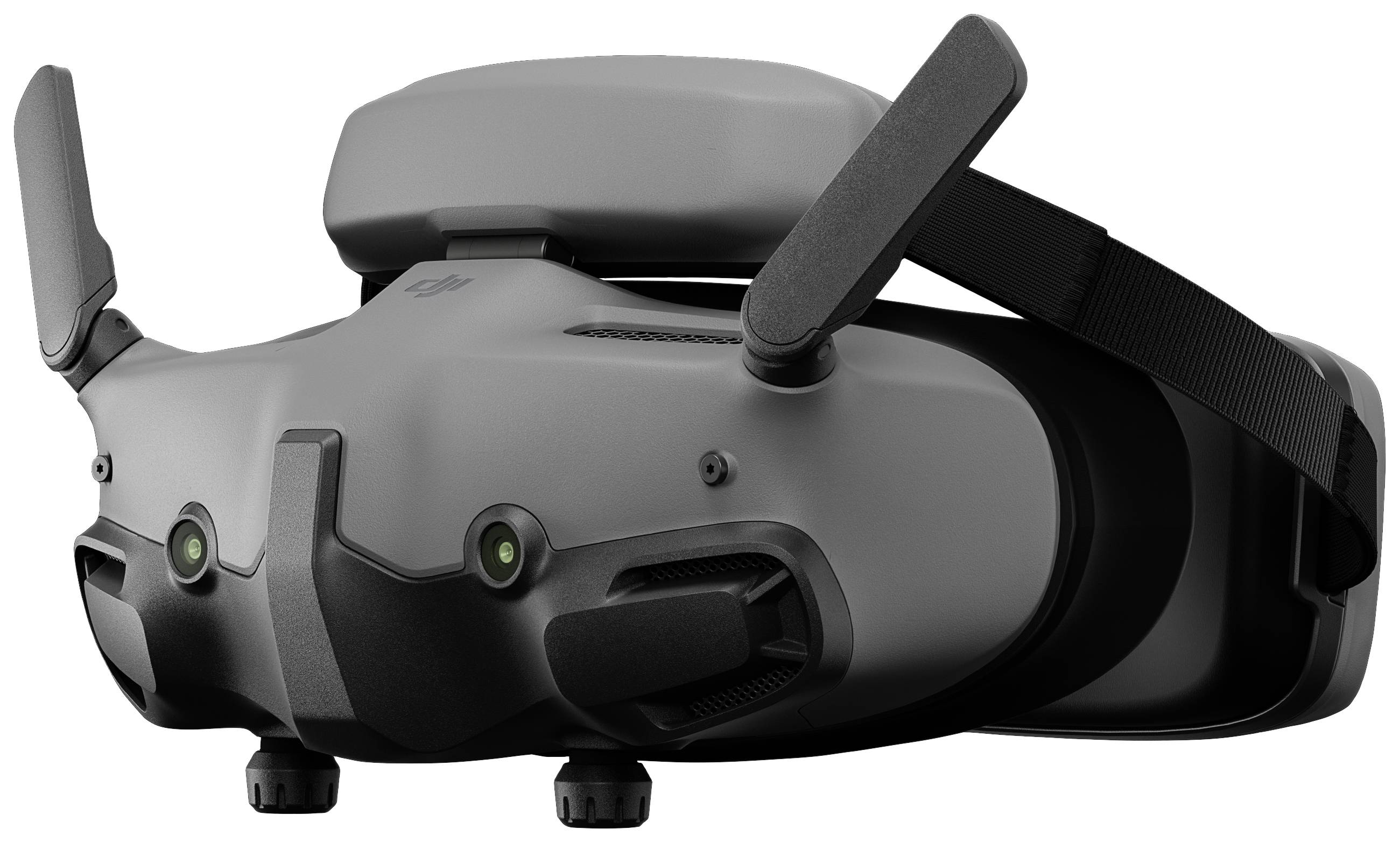 VR-Headset mit zwei Kameras an der Vorderseite, schwarzem verstellbarem Kopfgurt und klappbaren Antennen an den Seiten.