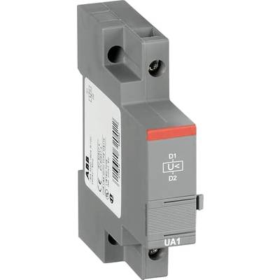 Graues elektrisches Bauteil mit zwei Schraubenfächern und einem roten Streifen oben. Beschriftet mit 'D1', 'D2' und 'UA1'.