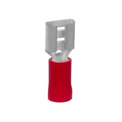 Roter Flachstecker mit Metallkontakt oben, verwendet für elektrische Verbindungen.