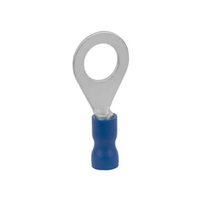 Ein blauer Kabelschuh mit einem silbernen Ring, der zum Verbinden von elektrischen Drähten verwendet wird.