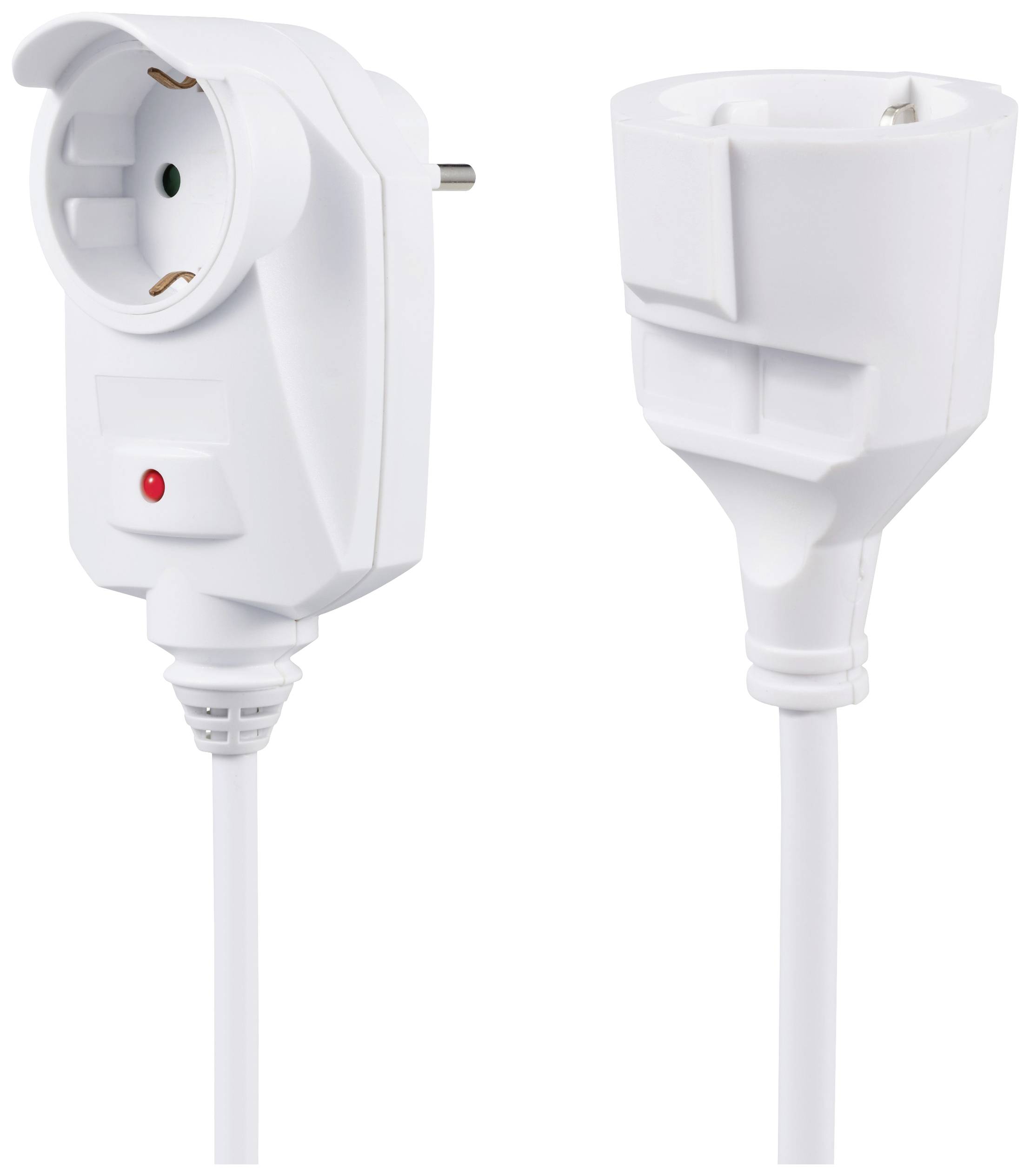 Weiße elektrische Zeitschaltuhr mit Steckdose und roter Kontrollleuchte. Rechts daneben passender Adapterstecker.