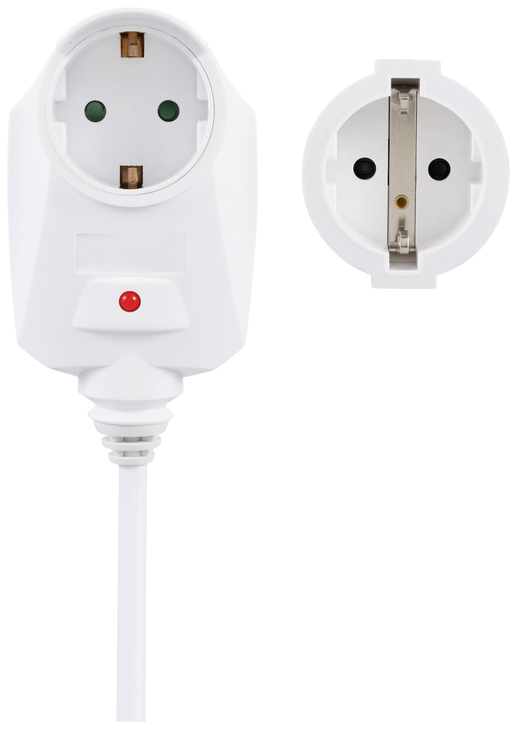 Weißer Zwischenstecker mit rotem Lichtschalter und Steckbuchse, zeigt Vorder- und Rückseite, zur Spannungssteuerung.