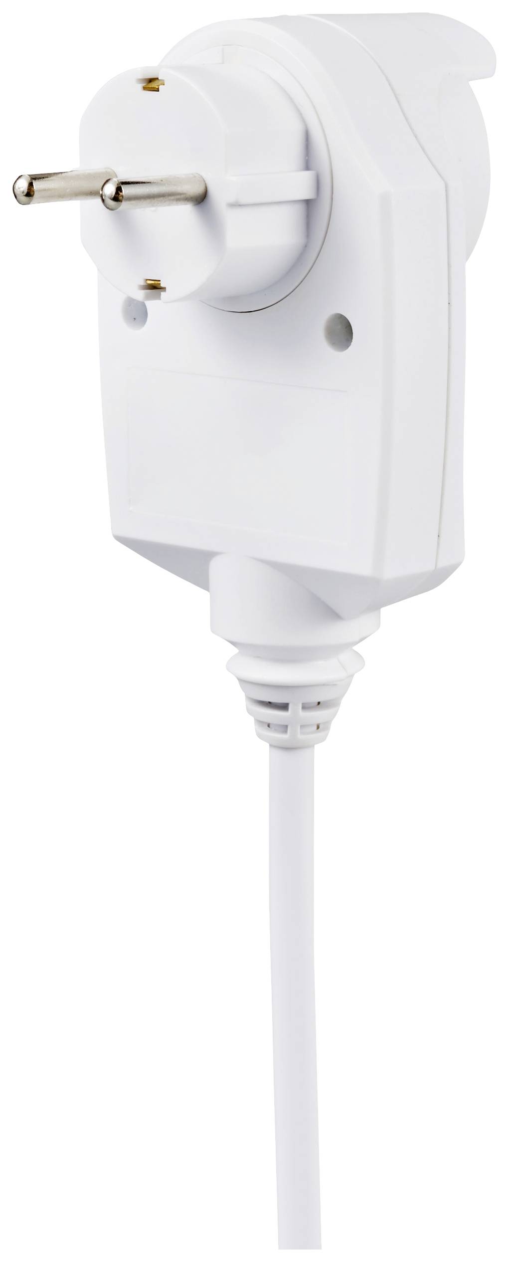Ein weißer Stecker mit Kabel, geeignet für europäische Steckdosen, steht senkrecht und von der Seite sichtbar.