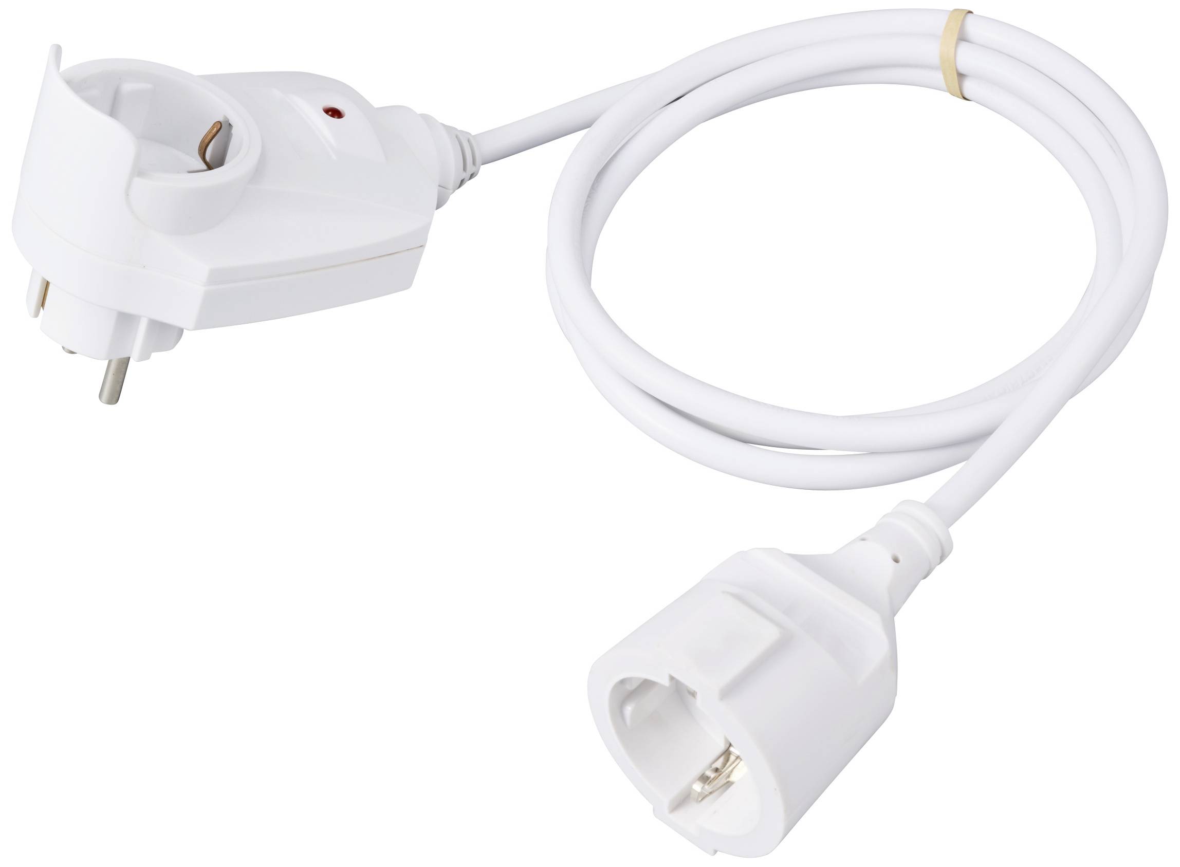 Weißes Verlängerungskabel mit Steckdose und Stecker, ca. 1 Meter lang, in einem Bogen gelegt.