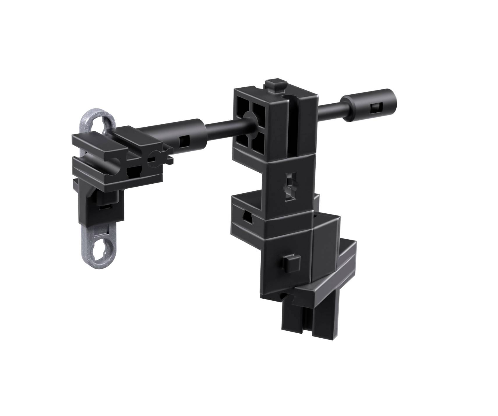 Ein schwarzes, komplexes mechanisches Bauteil mit Verschluss und Scharnieren, vermutlich für industrielle Anwendungen oder Maschinenbau.