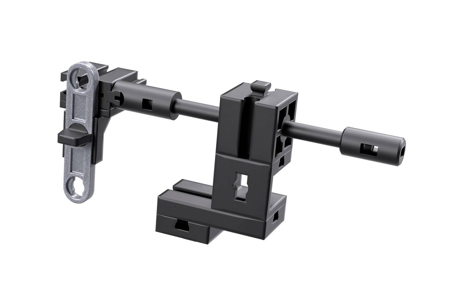 Schwarzes, komplex geformtes mechanisches Bauteil mit Hebel und Befestigungslöchern, möglicherweise für technische Anwendungen.