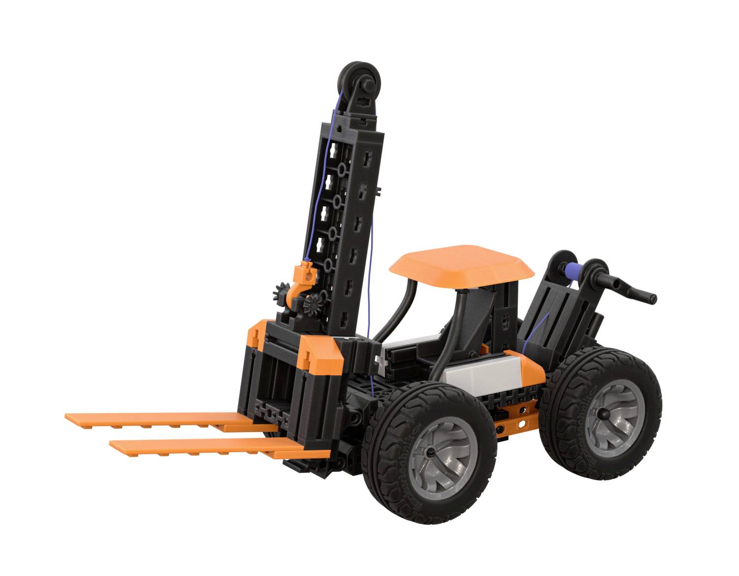 Ein orange-schwarzer Spielzeug-Gabelstapler aus Bausteinen mit großen Rädern und Hebegabeln, bereit zum Spielen auf glattem Untergrund.