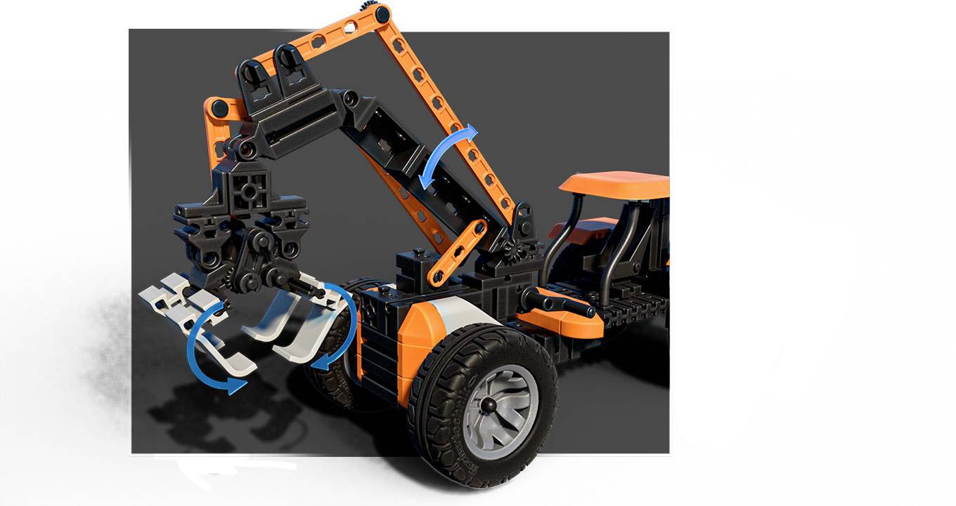 Ein orange-schwarzer Spielzeug-Bagger mit beweglichem Arm und Greifer steht auf einem dunklen Hintergrund. Er ist zusammengebaut und einsatzbereit.