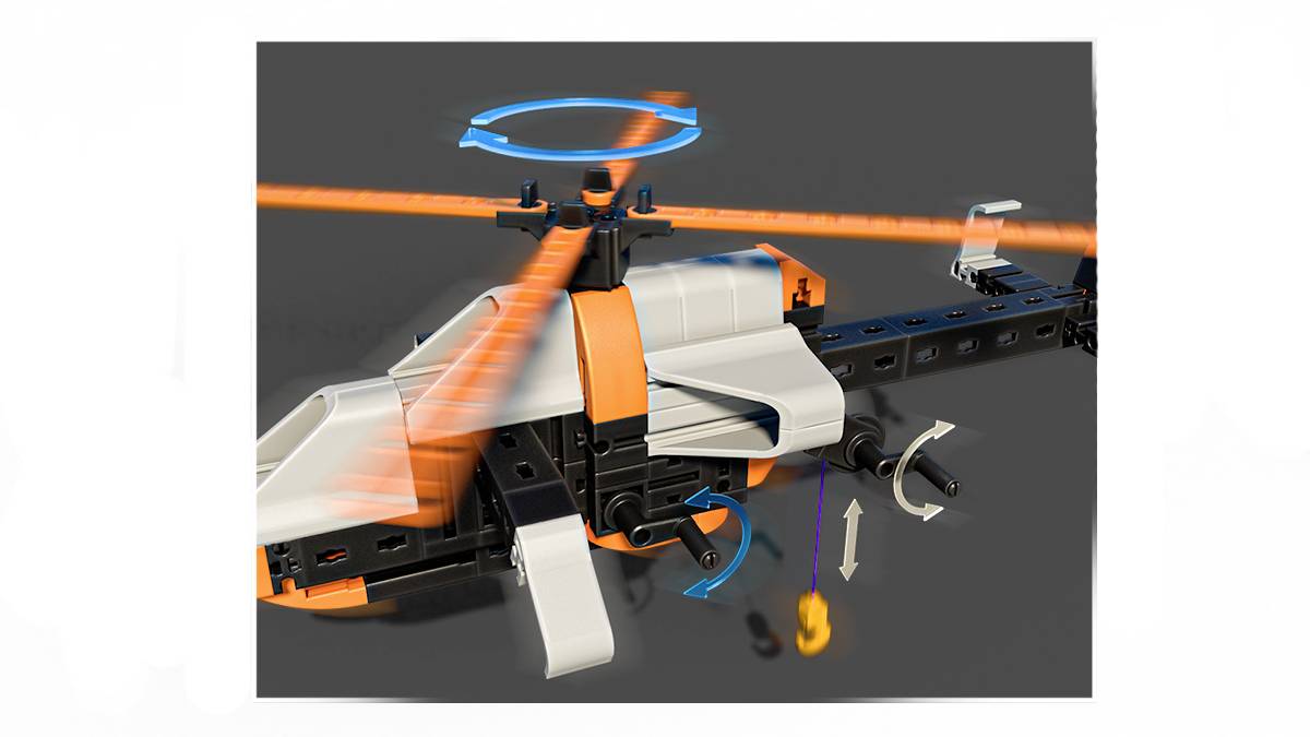 Spielzeughelikopter aus Plastik mit drehenden Rotorblättern und leuchtenden Neonakzenten.