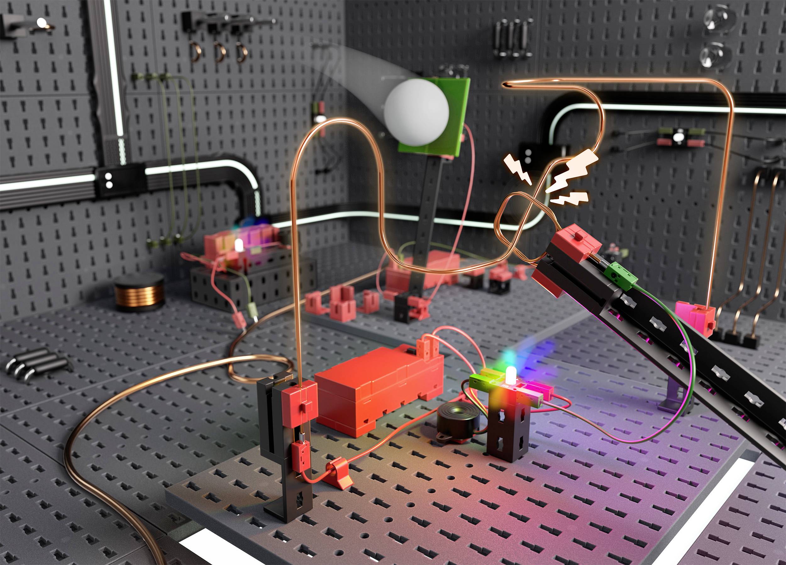 Ein Elektronik-Kit zeigt einen Stromkreis mit hellen LEDs, Kabeln und Schaltplänen auf einem schwarzen Plattformhintergrund.