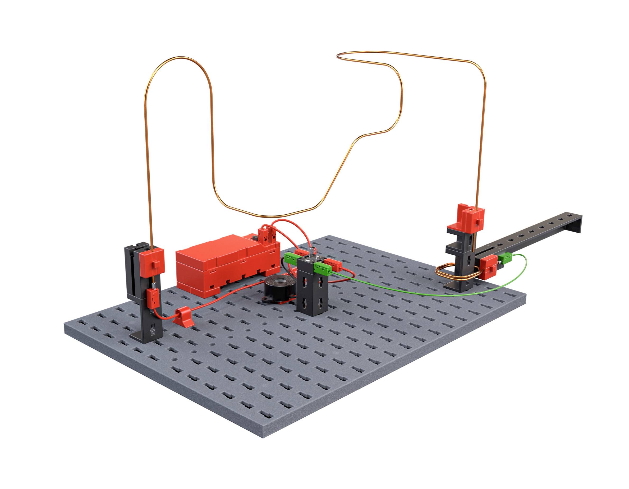 Lernspielzeug zur Elektronik, bestehend aus einer grauen Grundplatte, Kabeln und einem roten Batteriehalter, zeigt Stromkreisläufe.