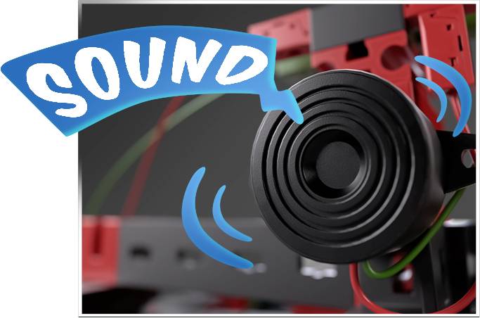 Lautsprecher mit Schallwellen und 'SOUND'-Text zeigt die Funktion der Tonwiedergabe eines Geräts.