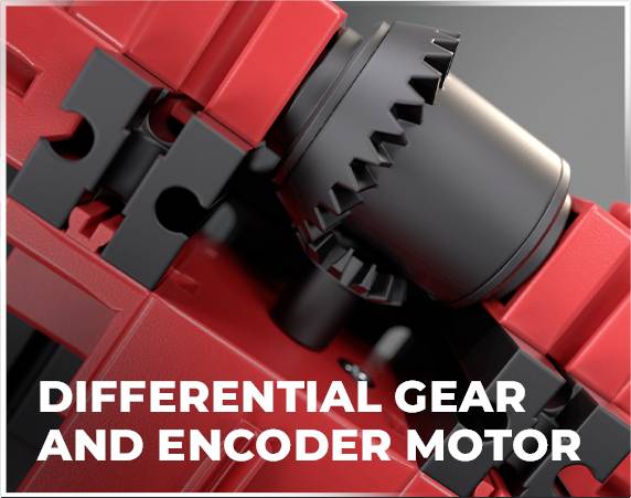 Ein Getriebe und Encoder-Motor-Set aus roten und schwarzen Bauteilen. Text im Bild: 'Differential Gear and Encoder Motor'.