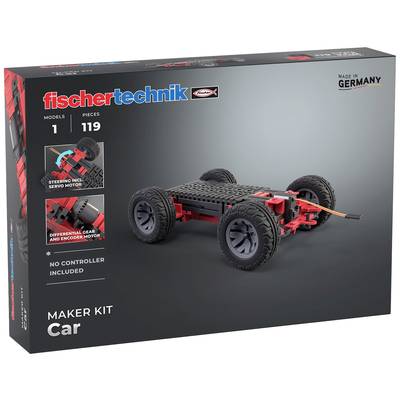 'fischertechnik Maker Kit Car' Bausatz mit 119 Teilen, darunter ein Fahrgestell und Räder. Enthält keinen Controller. Made in Germany.