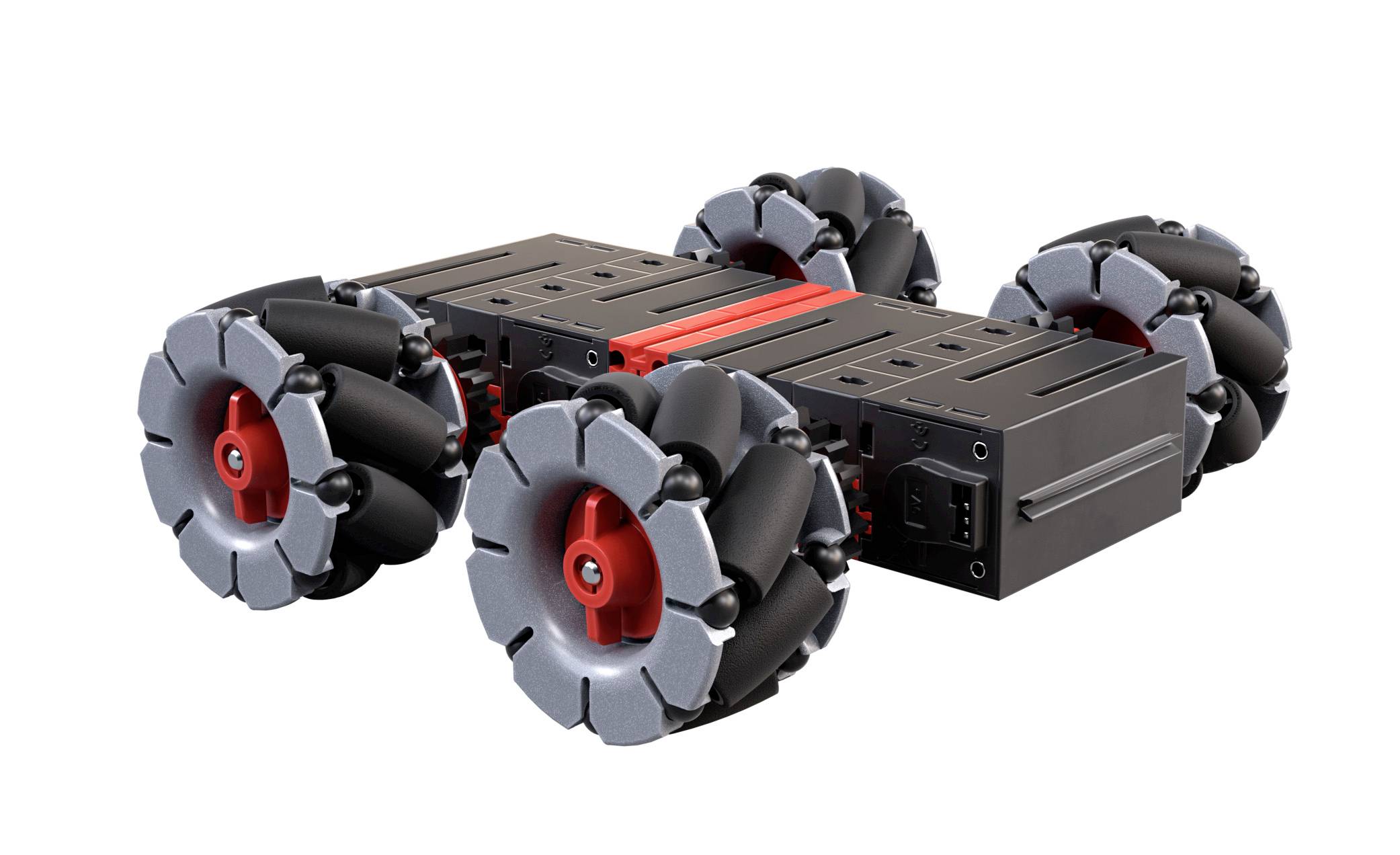 Ein schwarzer und roter Roboter mit speziellen kugelförmigen Rädern, die Bewegung in alle Richtungen ermöglichen.