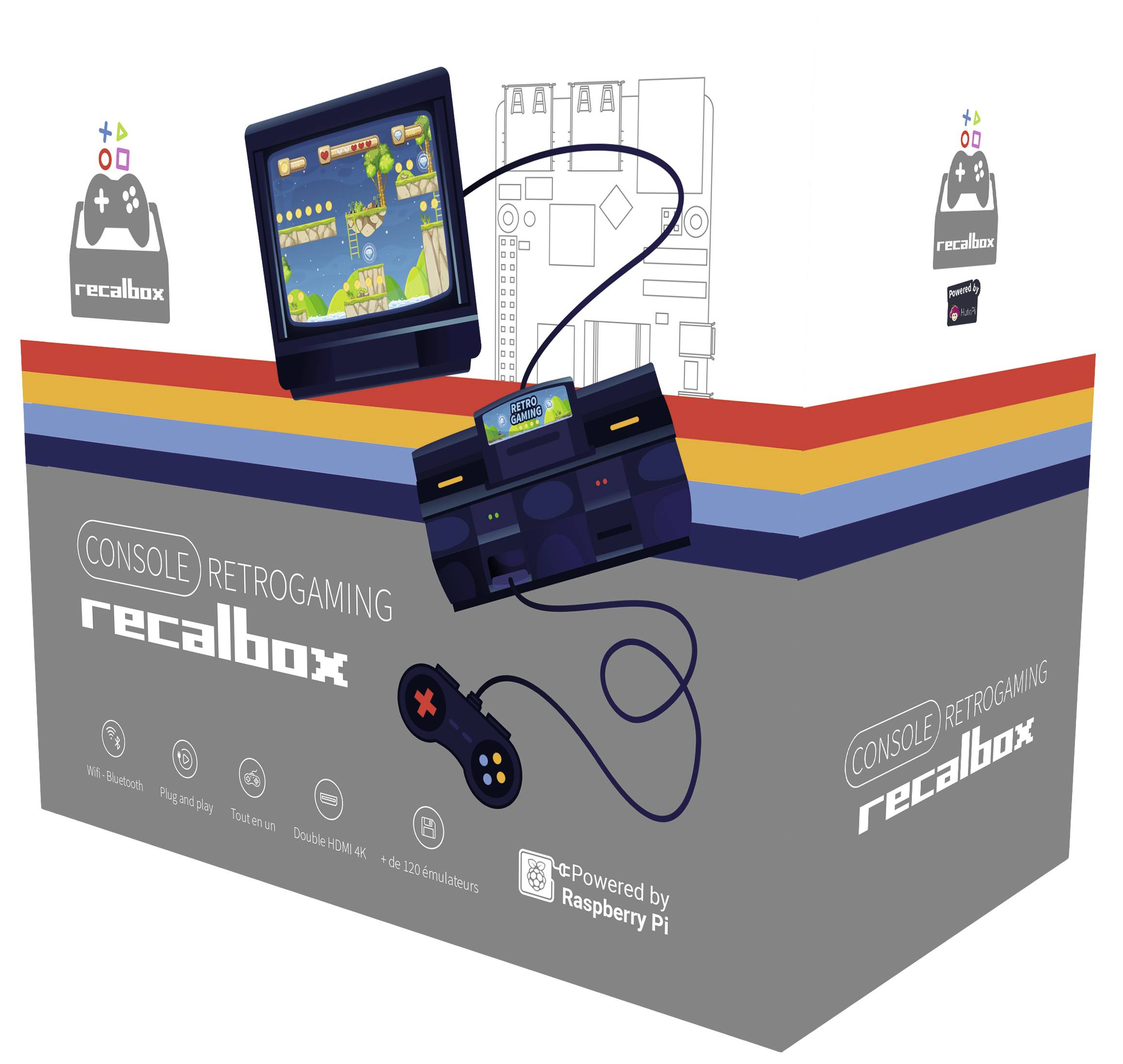 Spielkonsole mit Retro-Design, angeschlossen an einen Bildschirm mit Retro-Spiel. Text: 'recalbox', 'CONSOLE RETROGAMING'.