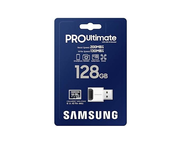 'PRO Ultimate' SD-Karte von Samsung mit 128 GB Speicher. Lesegeschwindigkeit bis zu 200 MB/s, Schreibgeschwindigkeit bis zu 130 MB/s. Geeignet für 4K-Video.