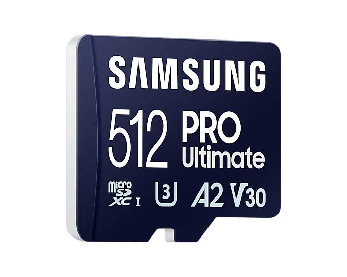 Eine Samsung microSD-Karte mit 512 GB, PRO Ultimate Serie, geeignet für schnelle Datenübertragung, mit Leistungskennzeichnung A2 und V30.