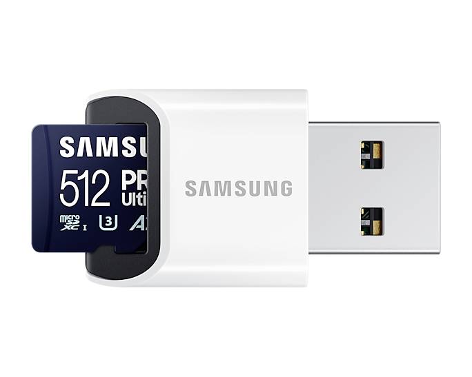 Ein weißer USB-Adapter mit eingelegter 512GB Samsung microSD-Karte. Darauf steht 'SAMSUNG', 'PRO', 'Ultimate'.