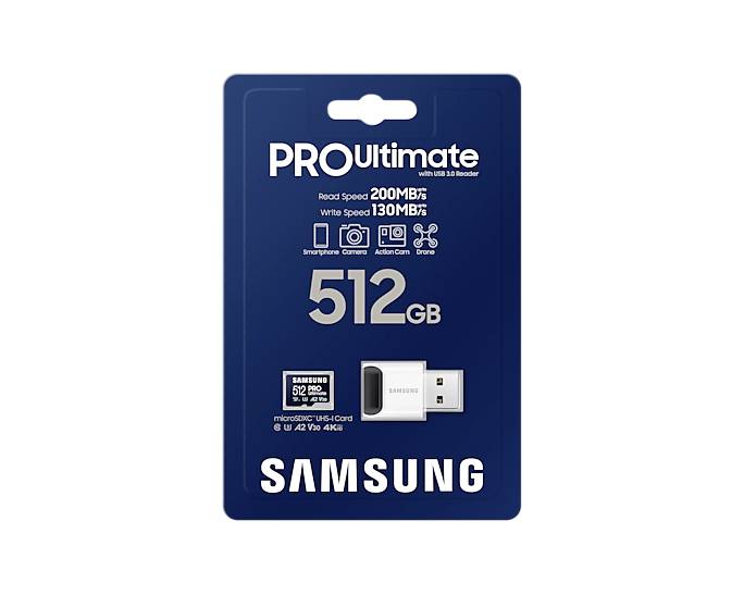 Verpackung einer Samsung PRO Ultimate microSD-Karte mit 512 GB Speicher, Lesegeschwindigkeit 200 MB/s, Schreibgeschwindigkeit 130 MB/s.