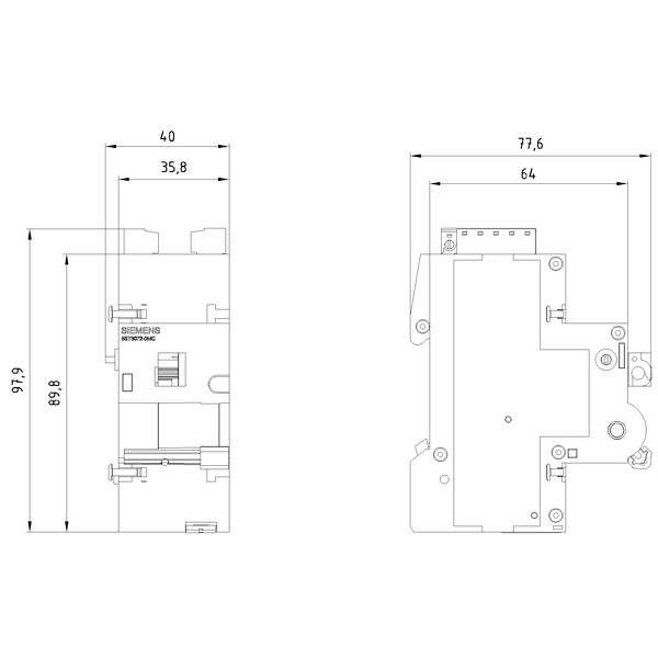 Zeichnung zeigt Abmessungen eines elektrischen Bauteils. Maße: Breite 40 mm, Tiefe 77,6 mm, Höhe 97,9 mm. Links: Vorderansicht, Rechts: Seitenansicht.