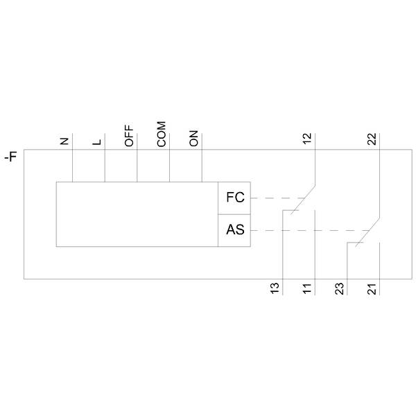Schaltplan mit den Verbindungen zu den Anschlüssen N, L, OFF, COM und ON. FC und AS sind in der Mitte dargestellt.