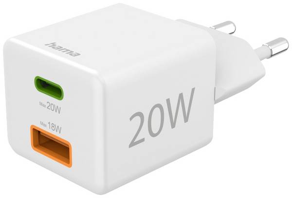 hama 00201991 Schnellladegerät, 1x USB-C, 1x USB-A, Mini-Ladegerät, PD, 20 W, Weiß