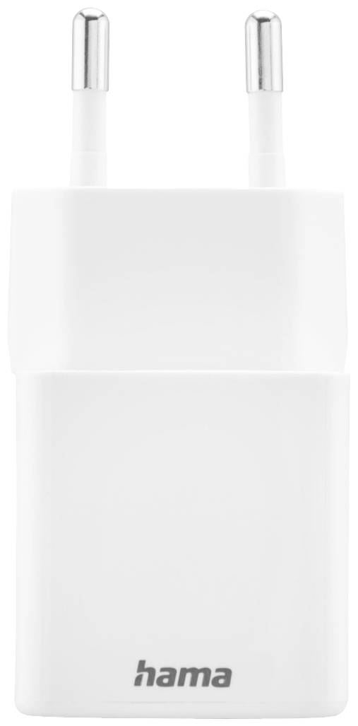 Weißes USB-Ladegerät mit zwei Steckern oben und dem Markenlogo 'hama' unten. Ideal zum Aufladen von Mobilgeräten.