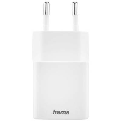 Weißes Ladegerät mit zwei Metallstiften und der Aufschrift 'hama' unten.