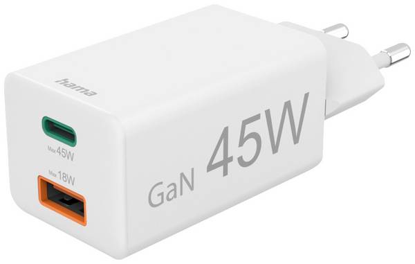 hama 00201993 Schnellladegerät, 1x USB-C, 1x USB-A, Mini-Ladegerät, PD, 45 W, Weiß