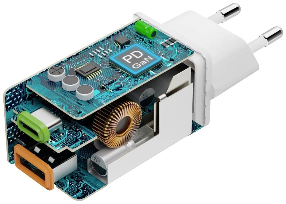 'Offener USB-Ladegerätstecker mit sichtbarer Elektronik, darunter ein Kupferspulen-Element, zeigt moderne GaN-Technologie.'