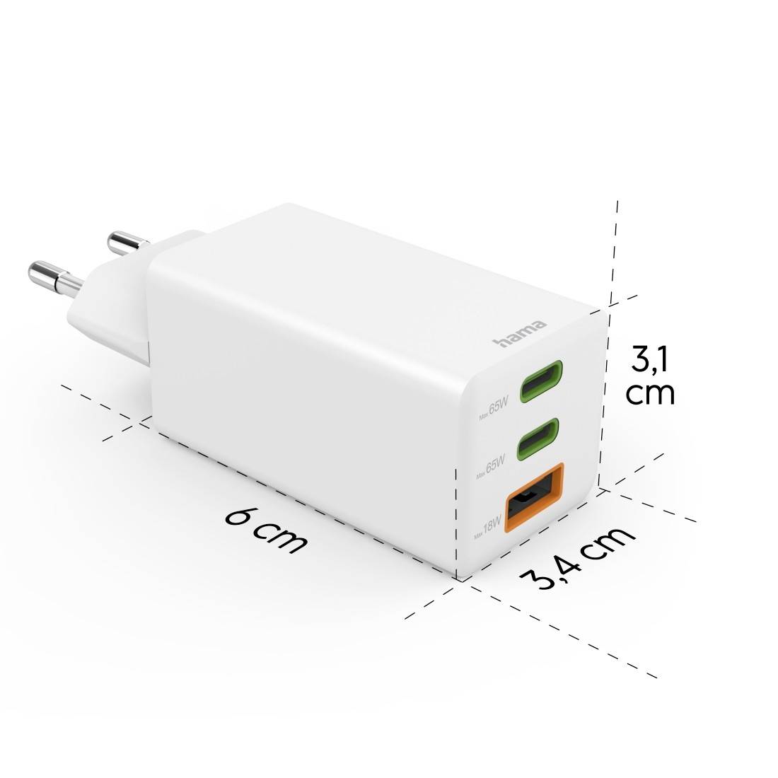 Mehrfach-USB-Ladegerät von Hama mit zwei USB-C-Anschlüssen und einem USB-A-Anschluss. Abmessungen: 6 cm x 3,4 cm x 3,1 cm.