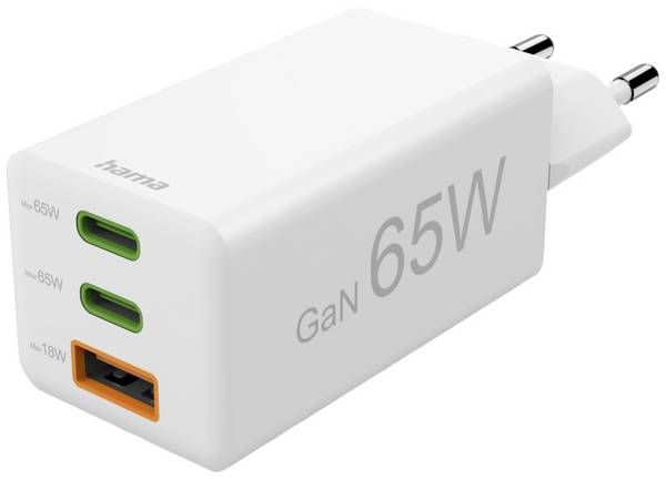 hama 00201996 Schnellladegerät, GaN, 2x USB-C, 1x USB-A, Mini-Ladegerät, PD, 65 W, Weiß