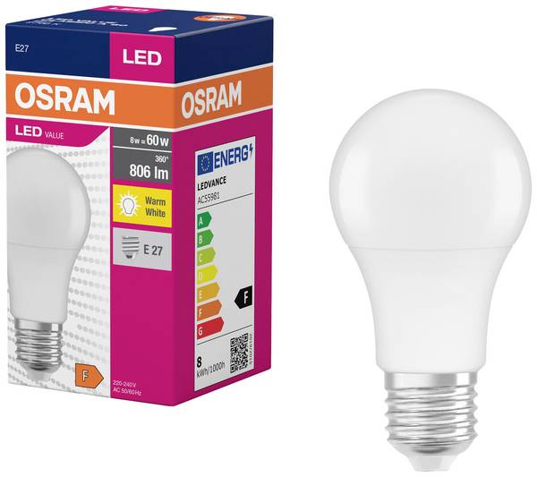 OSRAM HOMELIGHTING 4099854109775 LED EEK F (A - G) E27 Glühlampenform 8.5 W = 60 W Warmweiß (Ø x H) 60 mm x 60 mm 1 St.