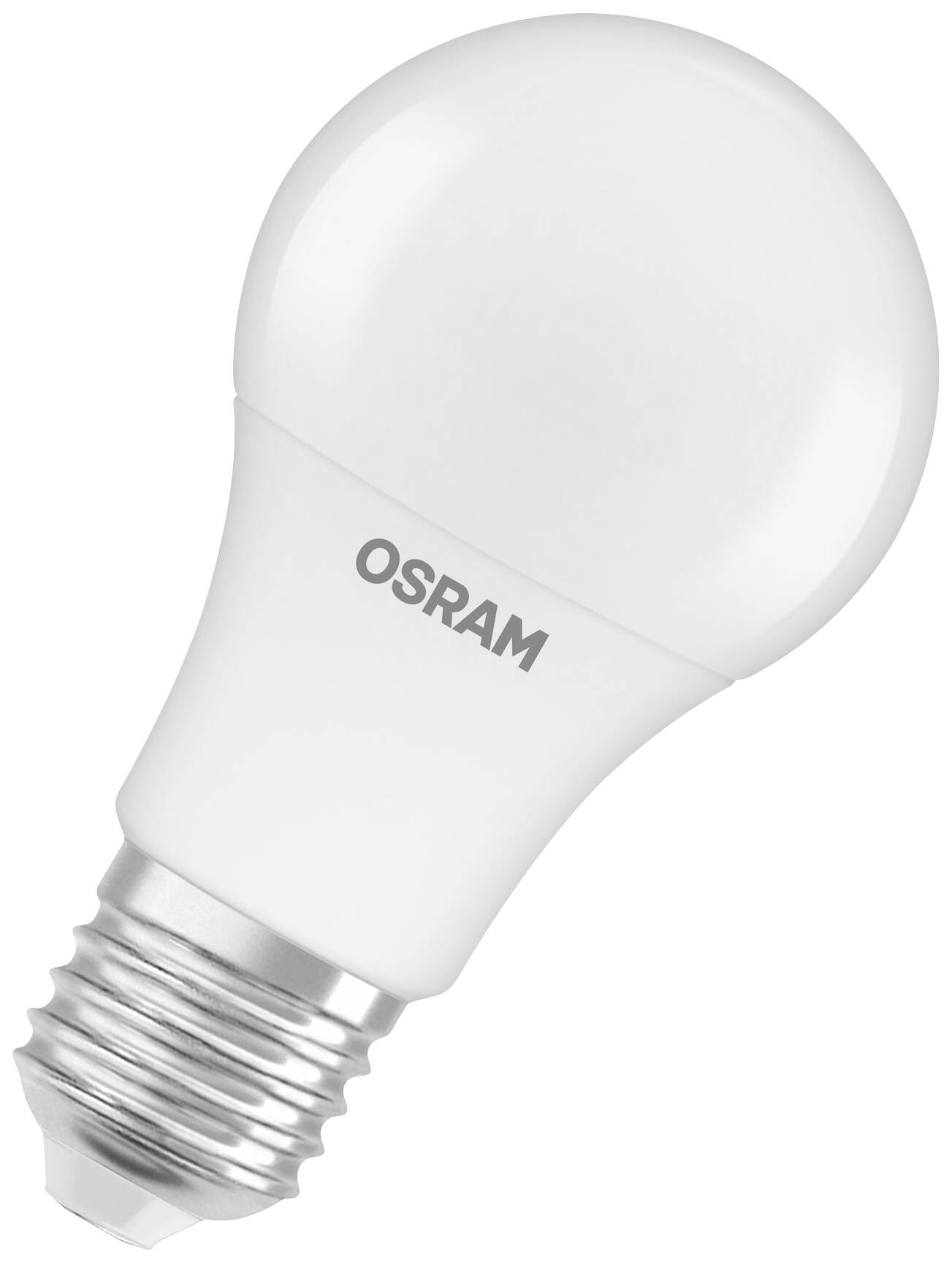 Eine weiße Glühbirne mit der Aufschrift 'OSRAM', gängige Form und Schraubsockel.