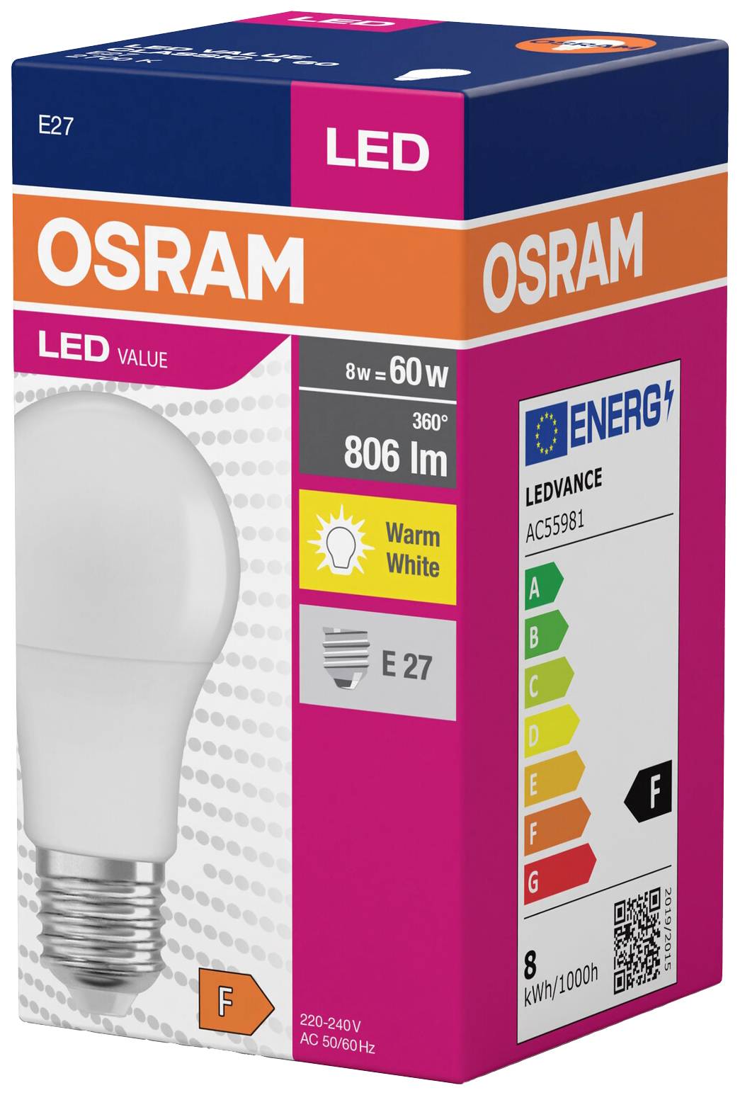 Verpackung einer LED-Glühbirne von OSRAM mit E27-Fassung. Leistung: 8W, Lichtstrom: 806 lm, Energieeffizienzklasse: F, Farbtemperatur: Warmweiß.