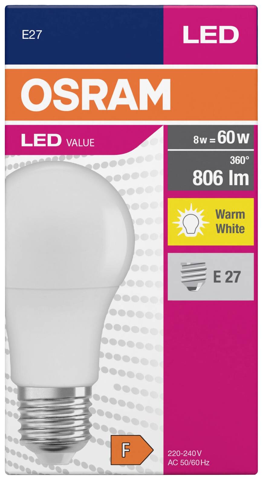 LED-Glühbirne Osram, E27, 806 Lumen, 8W entspricht 60W, warmweißes Licht, Energieklasse F, 220-240V. Verpackung in Blau und Orange.