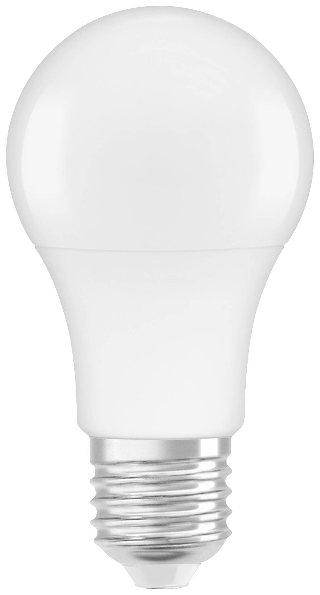 Eine weiße LED-Glühbirne mit Standard-Schraubgewinde, dargestellt vor einem neutralen Hintergrund.