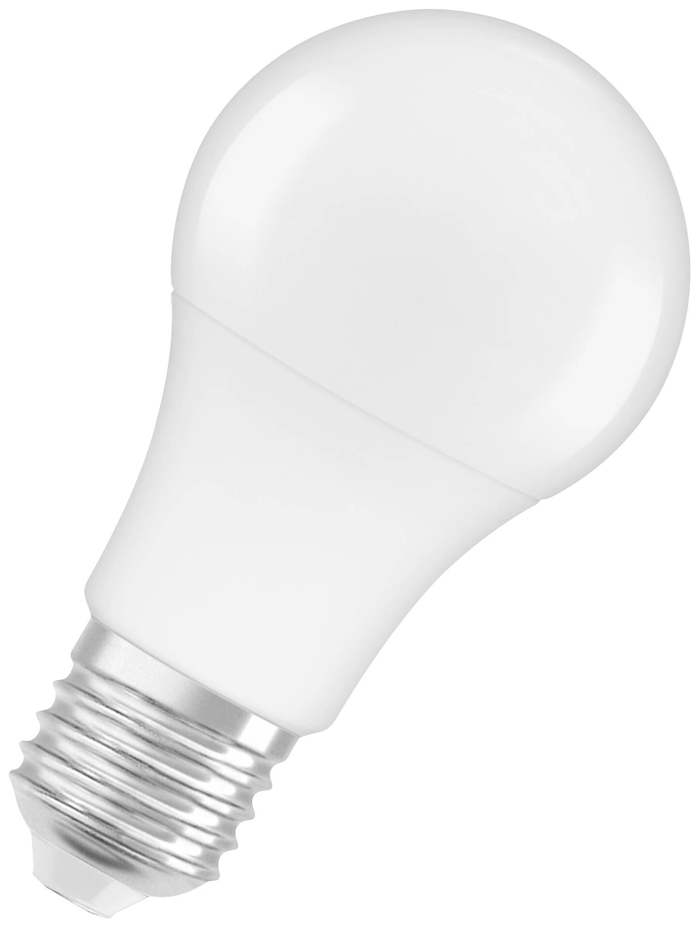 Eine LED-Glühbirne mit E27-Sockel, glatt und weiß, in diagonaler Ansicht, gegen einen weißen Hintergrund.