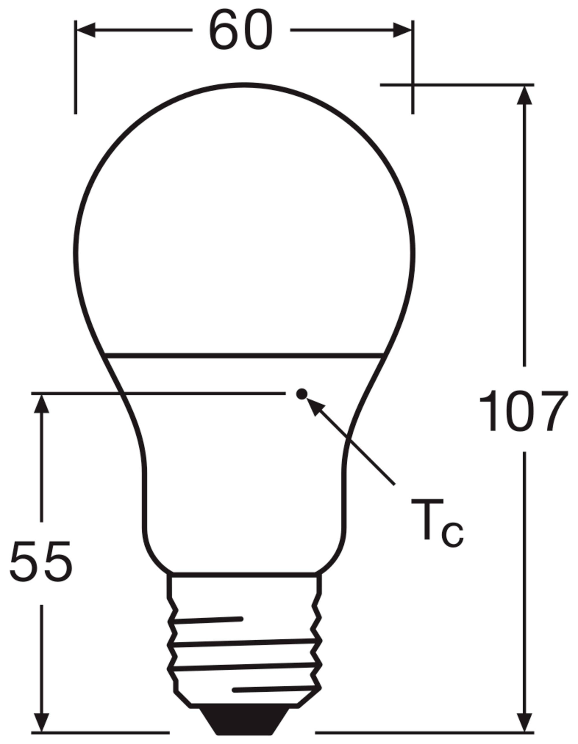 Skizze einer Glühbirne mit Maßen: Höhe 107 mm, Breite 60 mm, Abstand Tc-Punkt 55 mm.