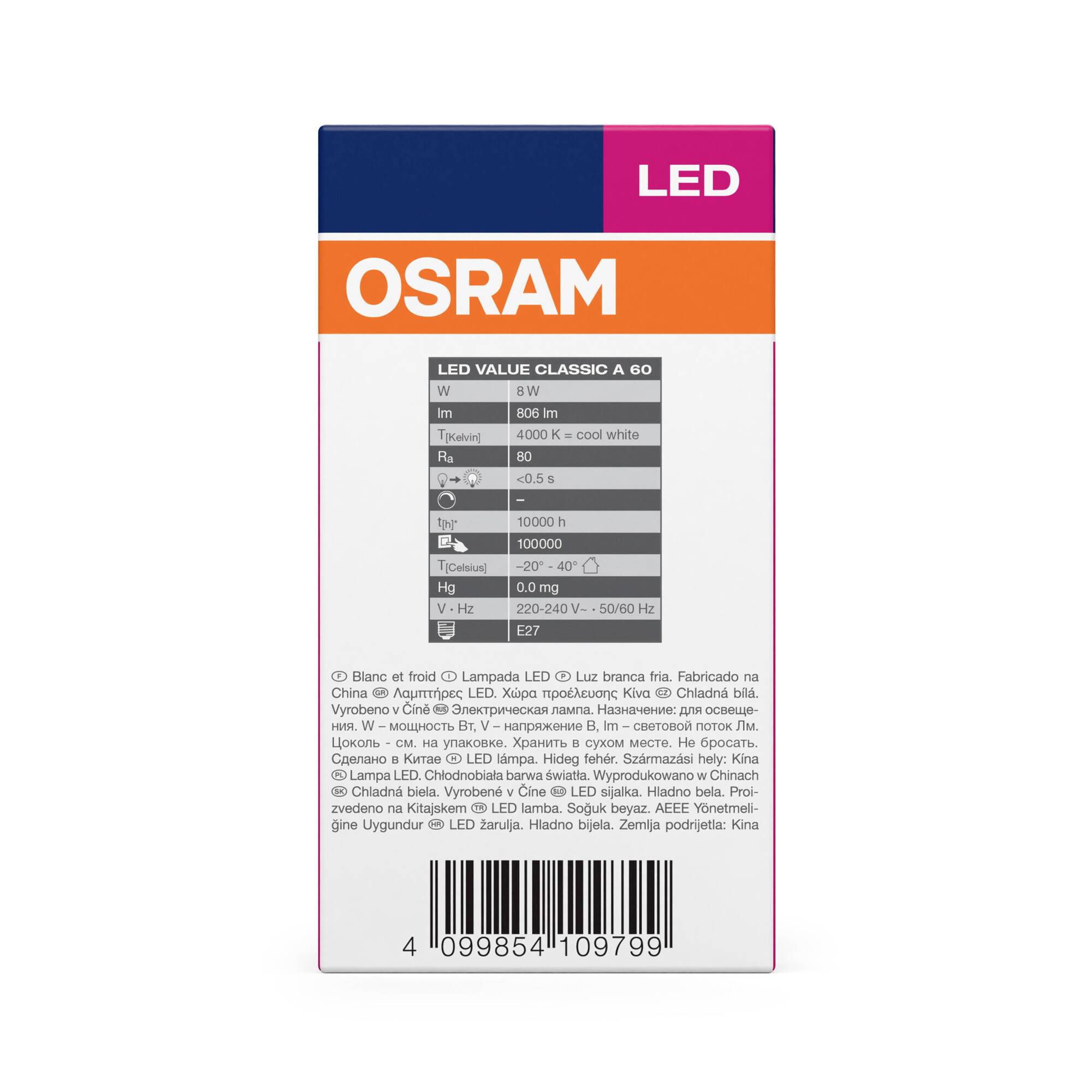 'Osram LED Lampe, 9 W, 806 lm, kaltweiß, 4000 K, 10.000 h Lebensdauer, E27, energieeffizient, geeignet für Innenraumbeleuchtung.'