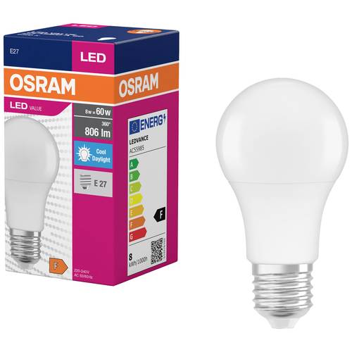 OSRAM HOMELIGHTING 4099854109829 LED EEK F (A - G) E27 Glühlampenform 8.5 W = 60 W Kaltweiß (Ø x H) 60 mm x 60 mm 1 St.